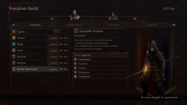 A preview screen for the Mystic Spearhand Vocation in Dragon's Dogma 2.