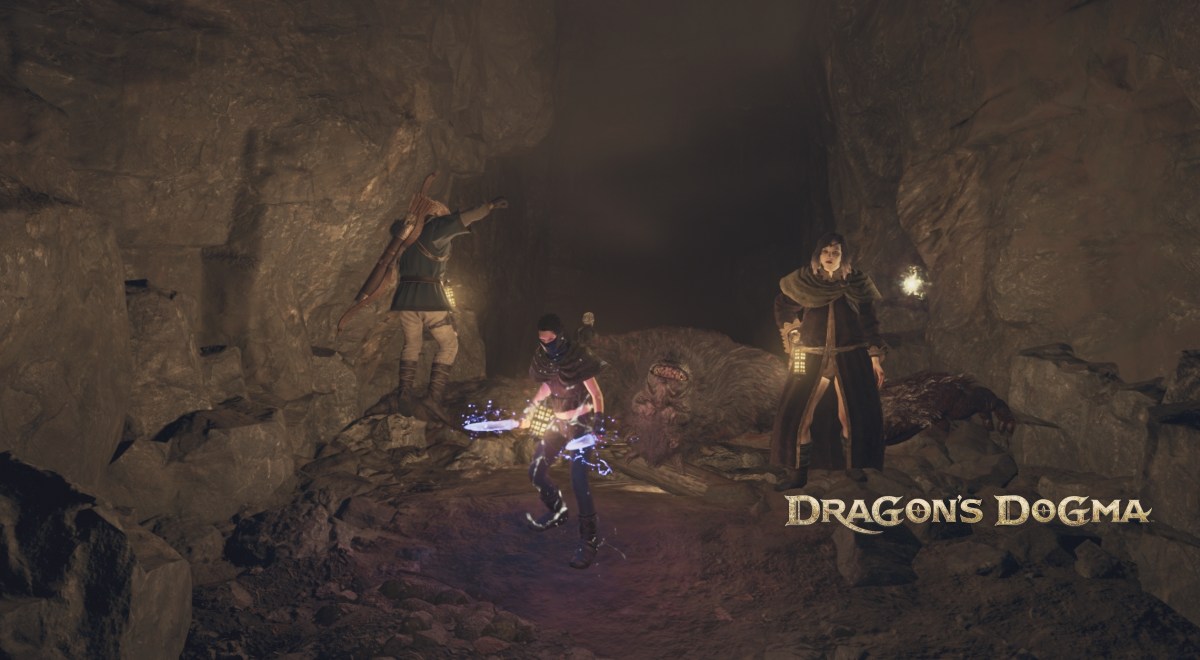 Characters standing next to a dead ogre in Dragon's Dogma 2
