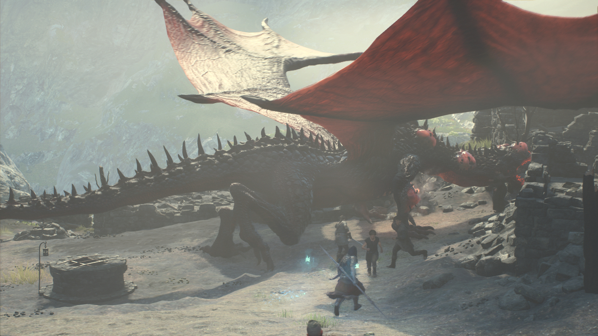 A Plague Dragon in Dragon's Dogma 2 attacking the town of Melve.