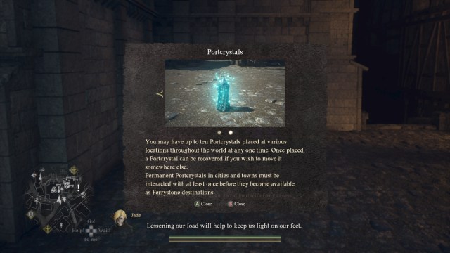 A prompt in Dragon's Dogma 2 describing Portcrystals.