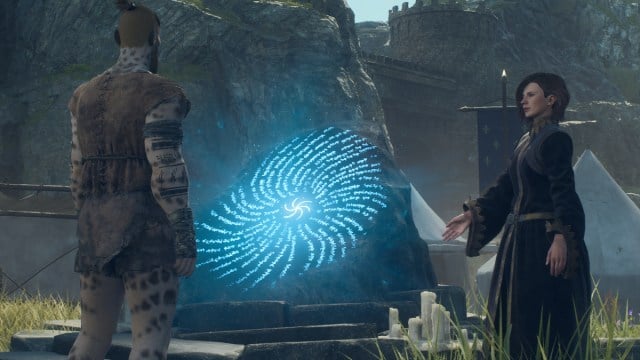 A woman and man stand beside a Rift Stone in Dragon's Dogma 2