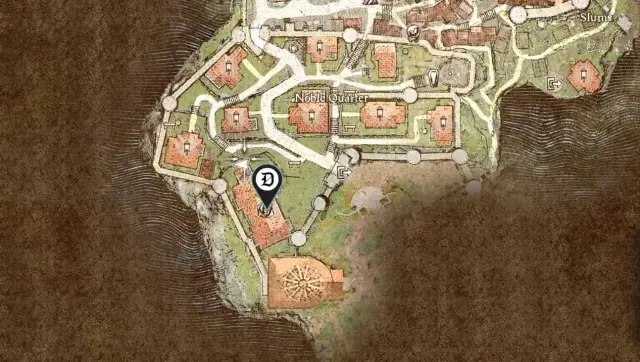 A screenshot of the map in Dragon's Dogma 2 with the location of the Rose Chateau marked.
