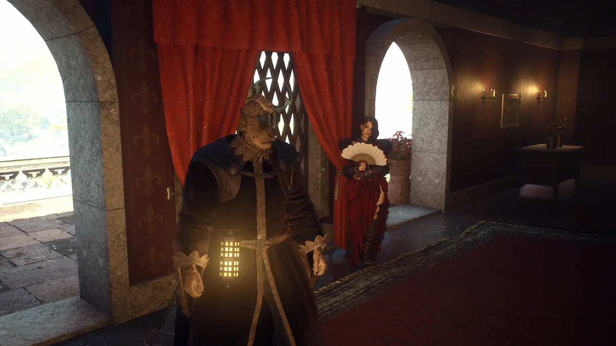 A player stood alongside Wilhemina in the Rose Chateau in Dragon's Dogma 2.