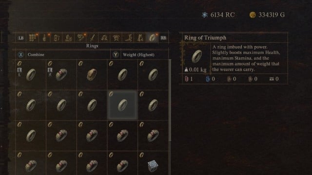 The Ring of Triumph item in the Arisen's inventory in Dragon's Dogma 2.