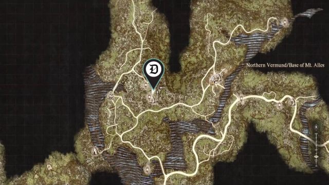 A screenshot of the map in Dragon's Dogma 2 with a location marked.