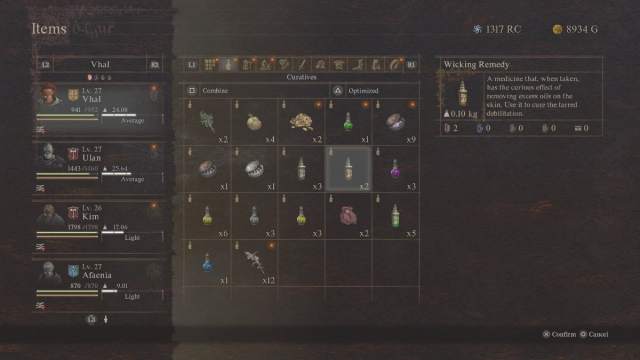 An inventory in Dragon's Dogma 2 showing Wicking Remedy.