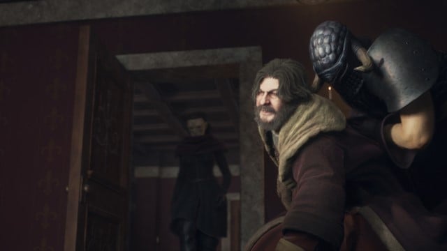 The Arisen holds down Ser Allard while a masked assassin enters the room in Dragon's Dogma 2.