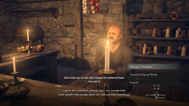 An innkeeper offering to change vocation in Dragon's Dogma 2.