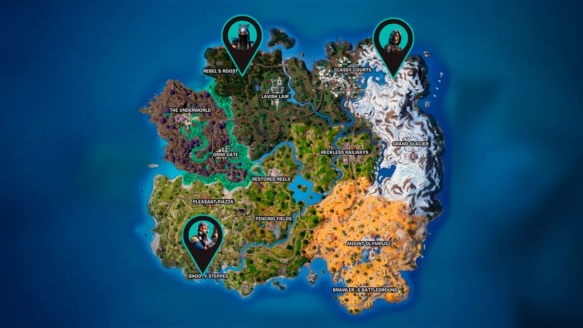 Fortnite map from Chapter 5 season 2 with characters elligible for dueling