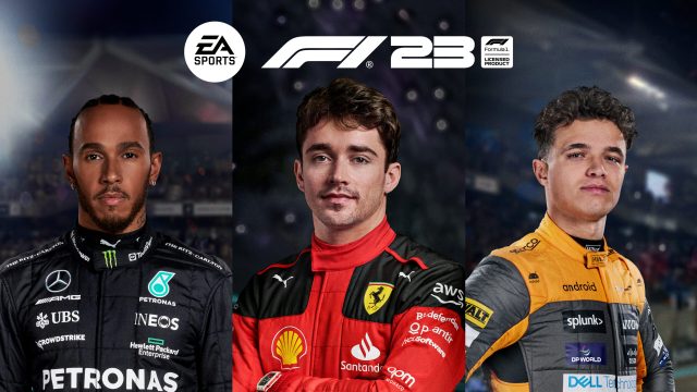 A promotional image for EA F1 2023 showing Lewis Hamilton, Charles Leclerc, and Lando Norris.