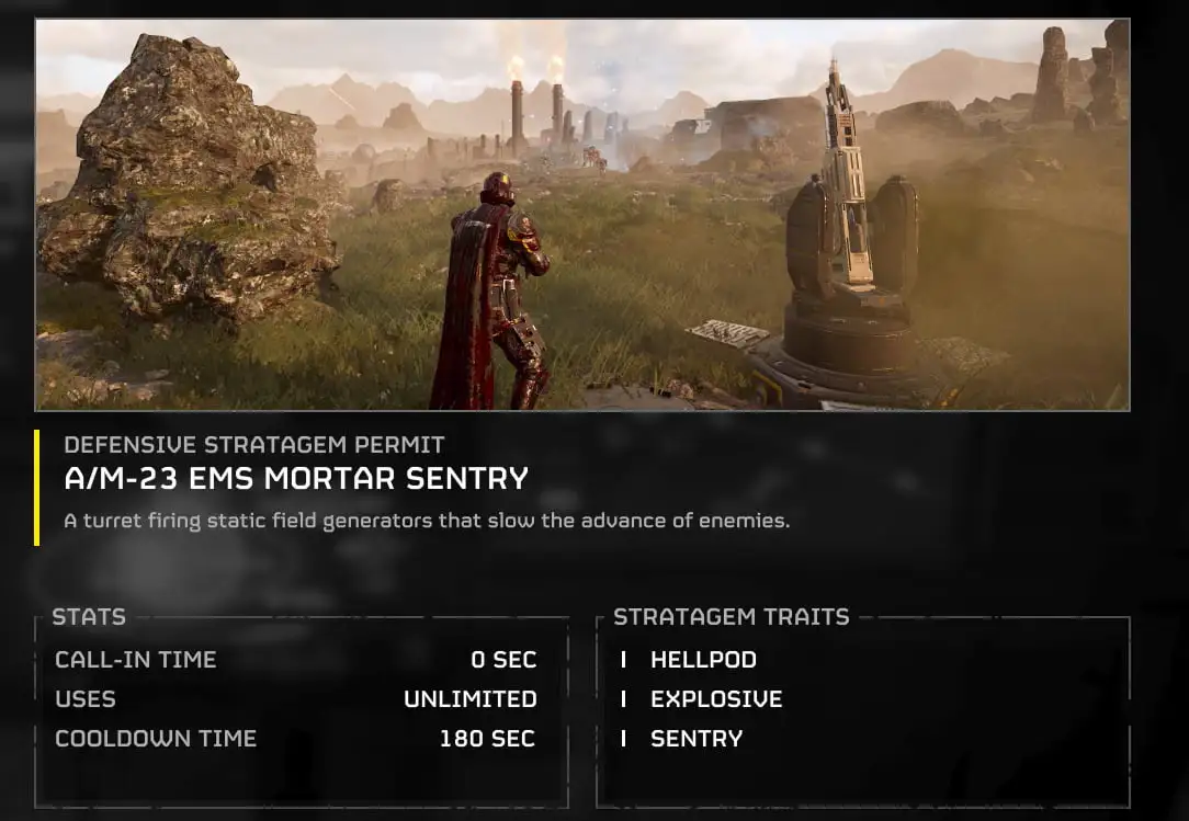 EMS Mortar Sentry information screen in Helldivers 2