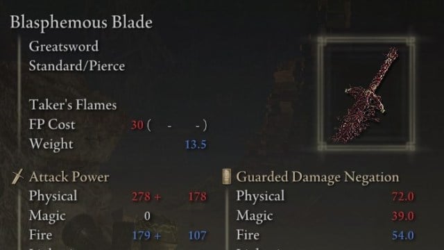 The Blasphemous Blade red greatsword in Elden Ring, shown through the equipment menu.