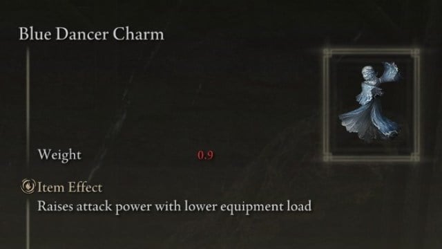 The Blue Dancer Charm in Elden Ring, shown in the menu of the game.