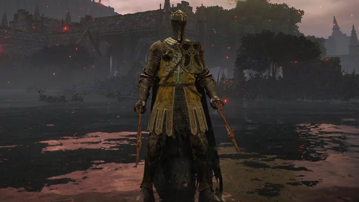A Knight stands in a lake region of Elden Ring, wearing a pair of bones on his hands.