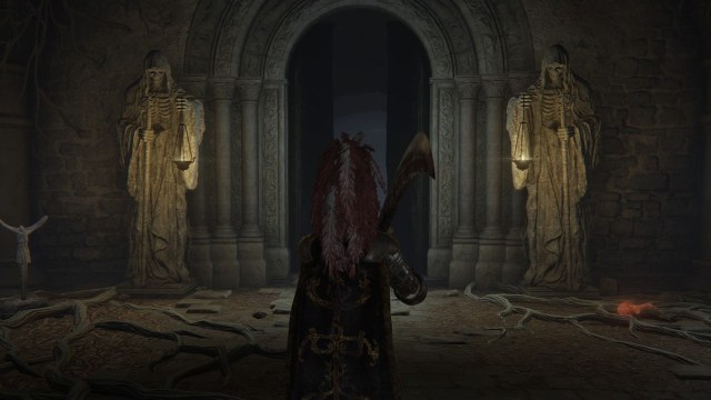 A pair of large, metal doors hang open in Elden Ring. A knight stands in front of them.