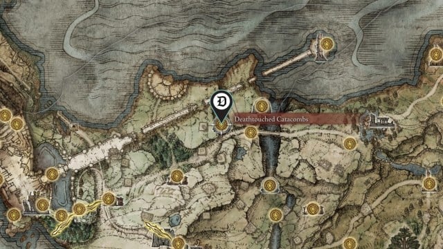 The location of the Deathtouched Catacombs in Elden Ring, shown on the game's map.