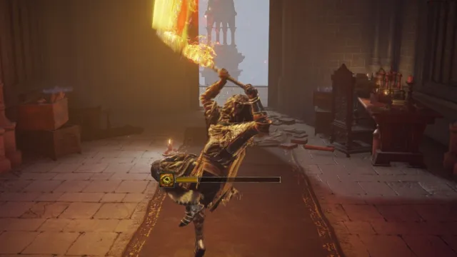 A man leaps in the air with a glowing golden spear, emitting flames, in Elden Ring.