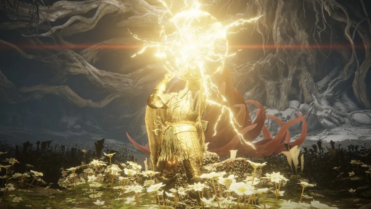 A knight in golden armor is struck by lightning in Elden Ring. He catches it in his palm.