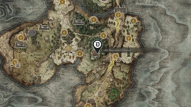 The location of the Flame of Frenzy Incantation in Elden Ring, shown on a map.