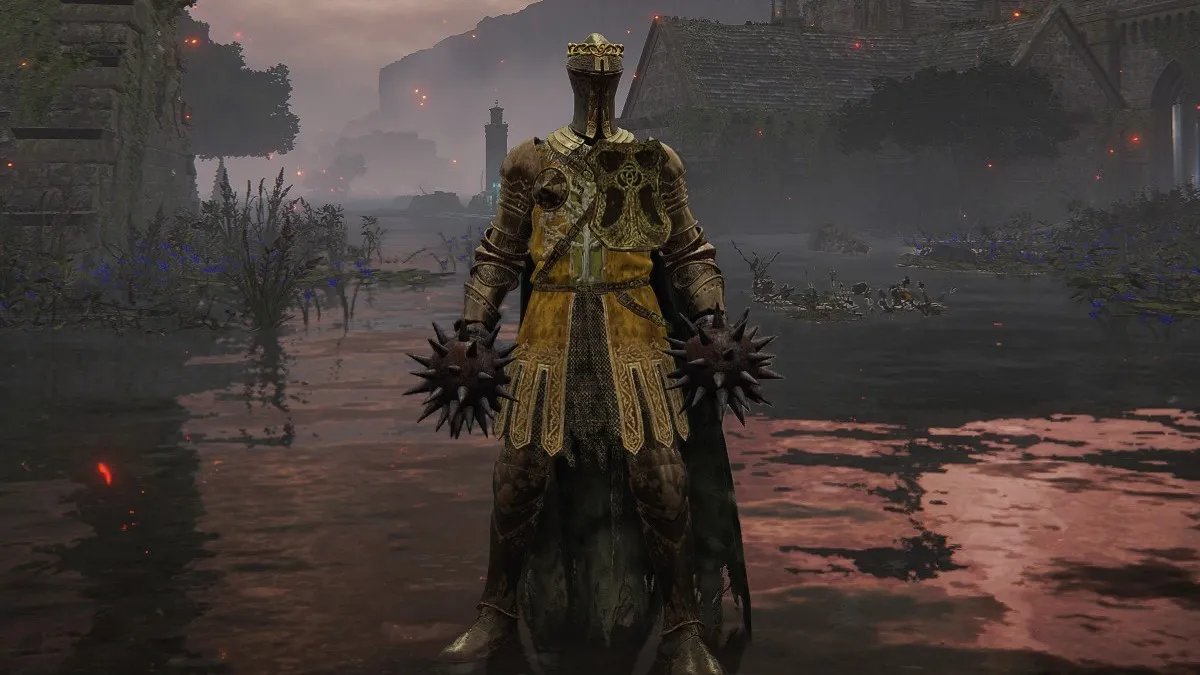 A Knight stands in a lake region of Elden Ring, wearing a pair of spiked balls on their hands.