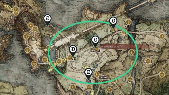 The Stormhill subregion of Limgrave in Elden Ring, featuring several locations of import.