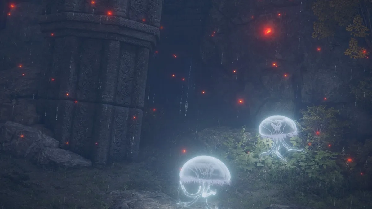 A group of flying Jellyfish float in front of the entrance to a hidden tomb in Elden Ring.