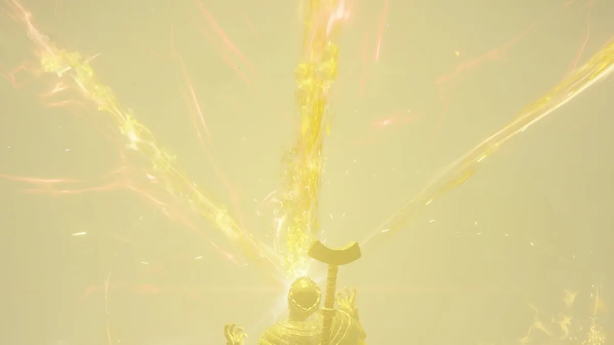 A man shoots many golden lasers out of his helmet in Elden Ring.
