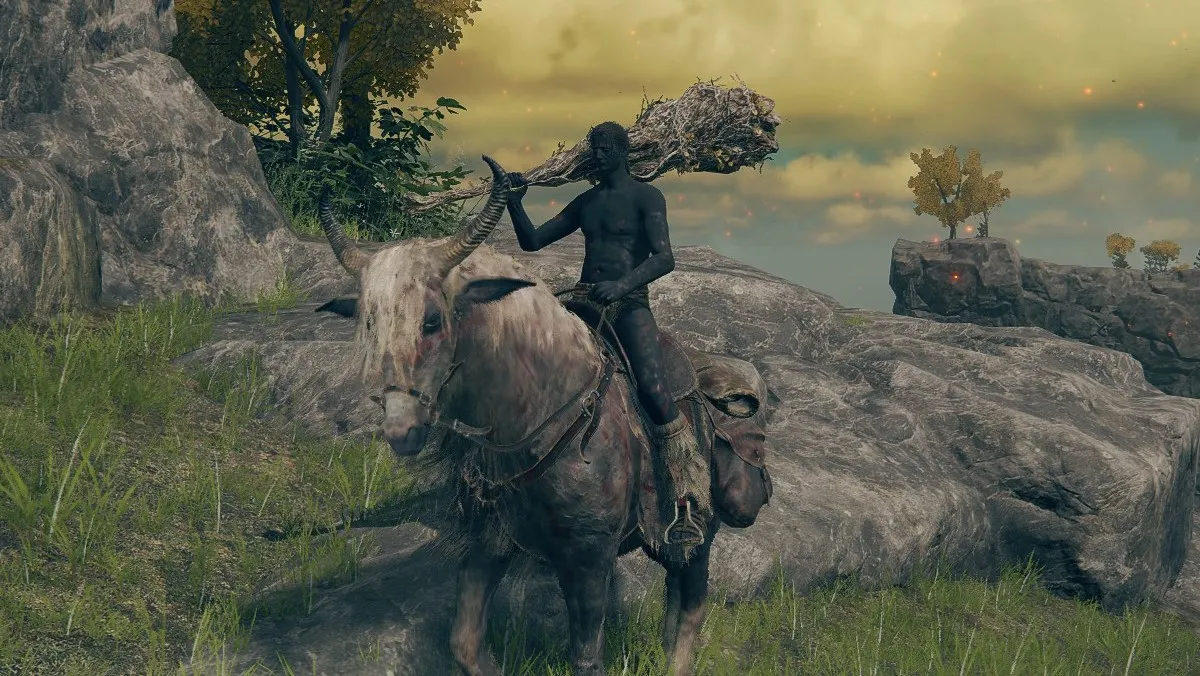 A man rides Torrent in Elden Ring wearing very little clothing.