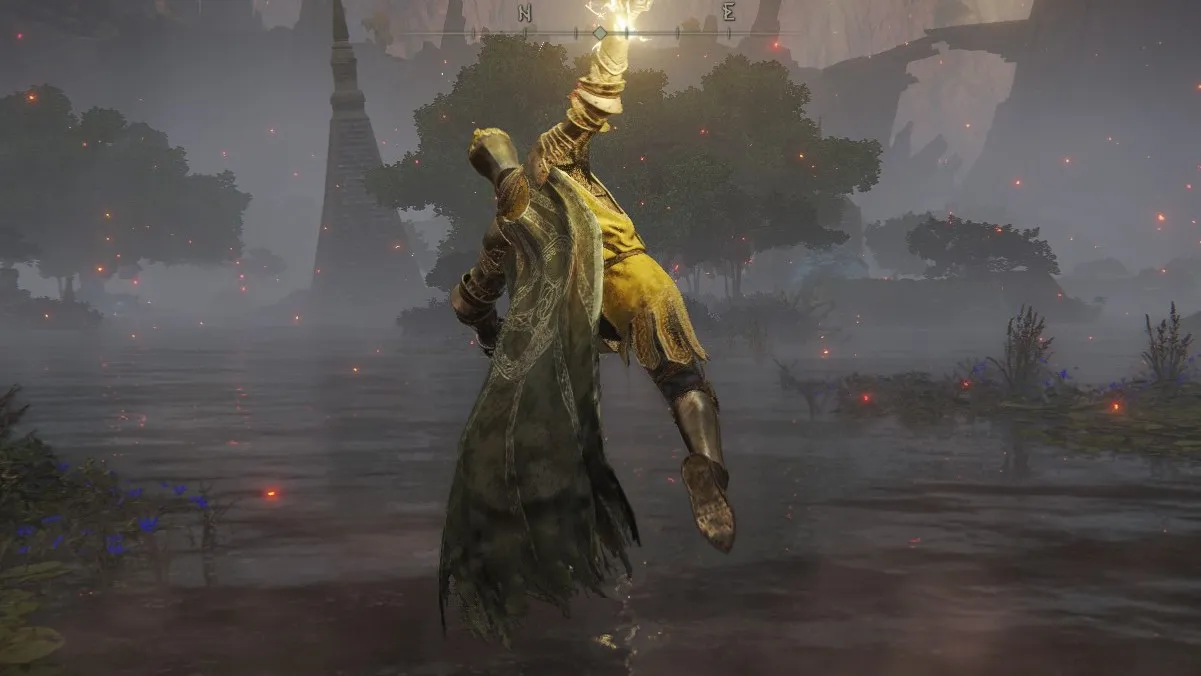 A Knight jumps in a lake region of Elden Ring, swinging lightning above his head.