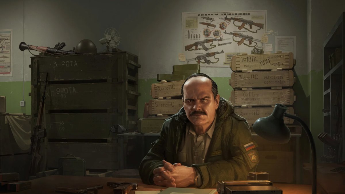 Prapor in Escape from Tarkov sitting at a desk lit by a lamp.