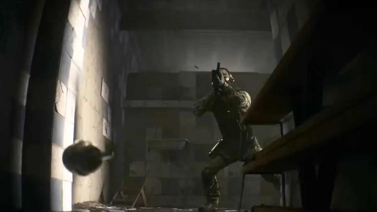 Soldier coming round the corner with shotgun, as a grenade is thrown towards him in Escape from Tarkov Announcement Trailer
