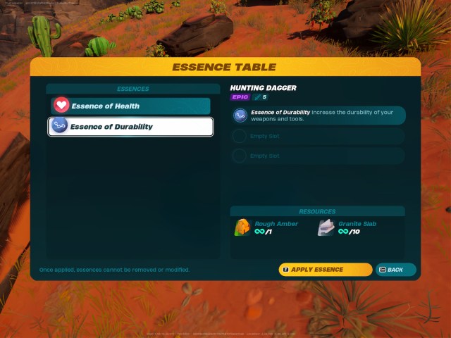 A screenshot from Lego Fortnite showing the Essence Table Screen and which items you can apply essence to.