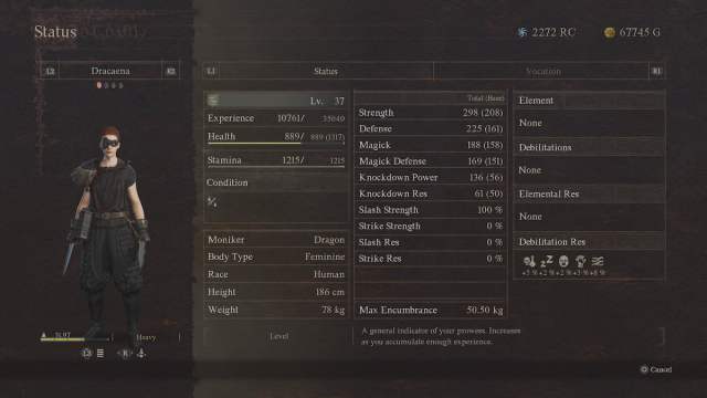 A Dragon's Dogma 2 character sheet breaking down all stats