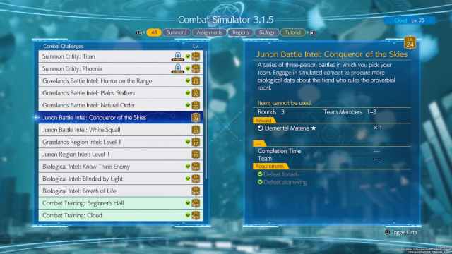 A menu showing battle challenges in Final Fantasy 7 Rebirth