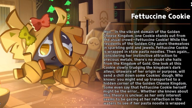 Fettucine cookie promo image with her story in Cookie run kingdom
