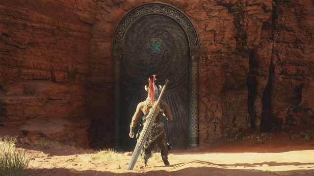 The plater character standing in front of the Flamebearer Palace Spellseal Door.
