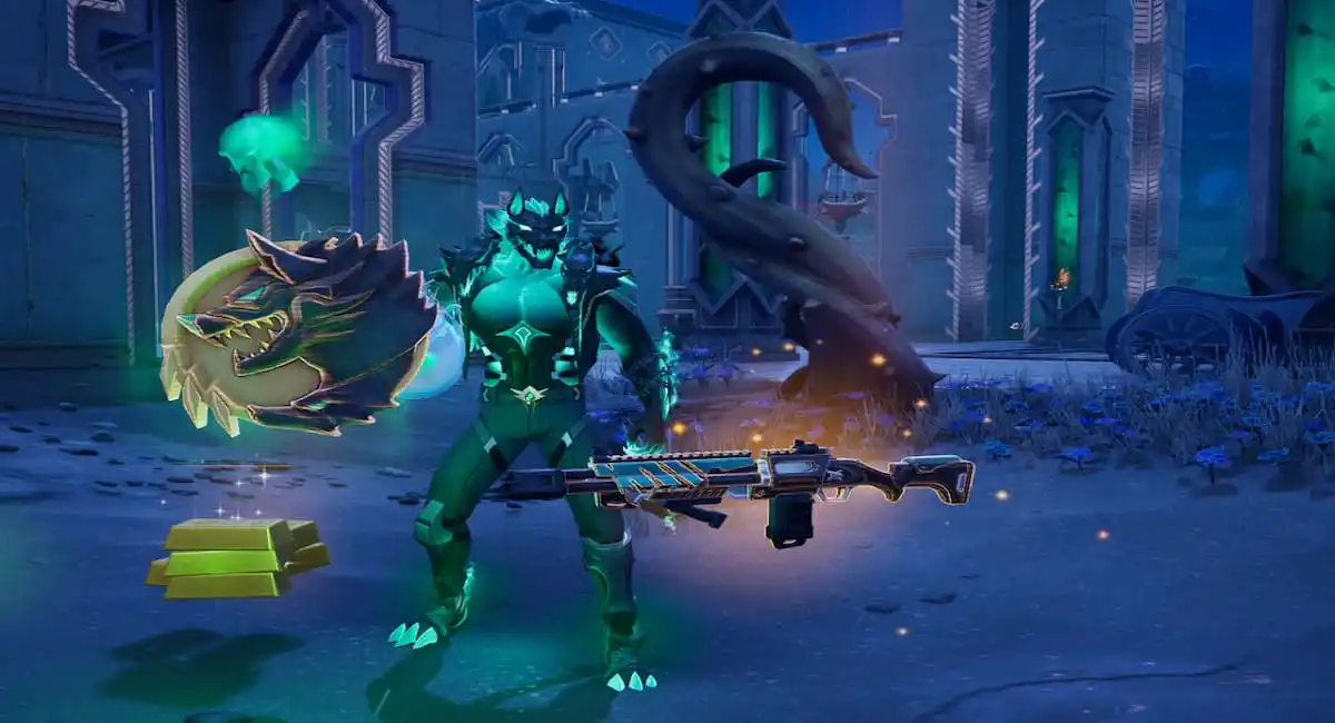 Cerberus Boss in Fortnite with his mythic weapon