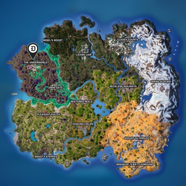 The Fortnite map in Chapter 5, season 2 with the Underworld location marked.