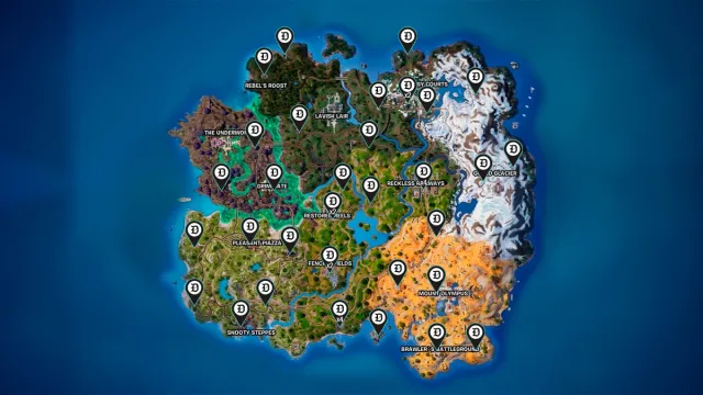 fortnite map with Dot Esports pins outlining each Shadow Briefing computer location