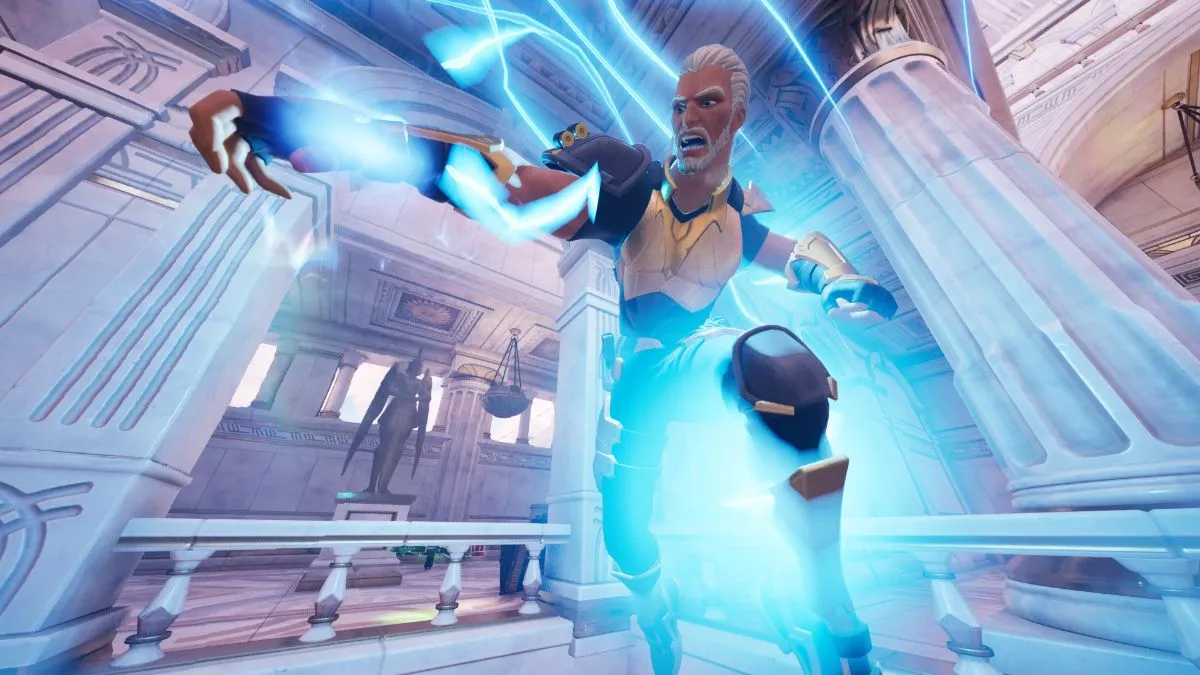 Zeus launching a Thunderbolt in Fortnite.