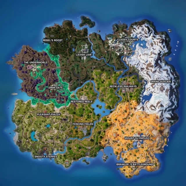 The Fortnite Chapter Five, season two map, and all the new locations. Screenshot by Dot Esports