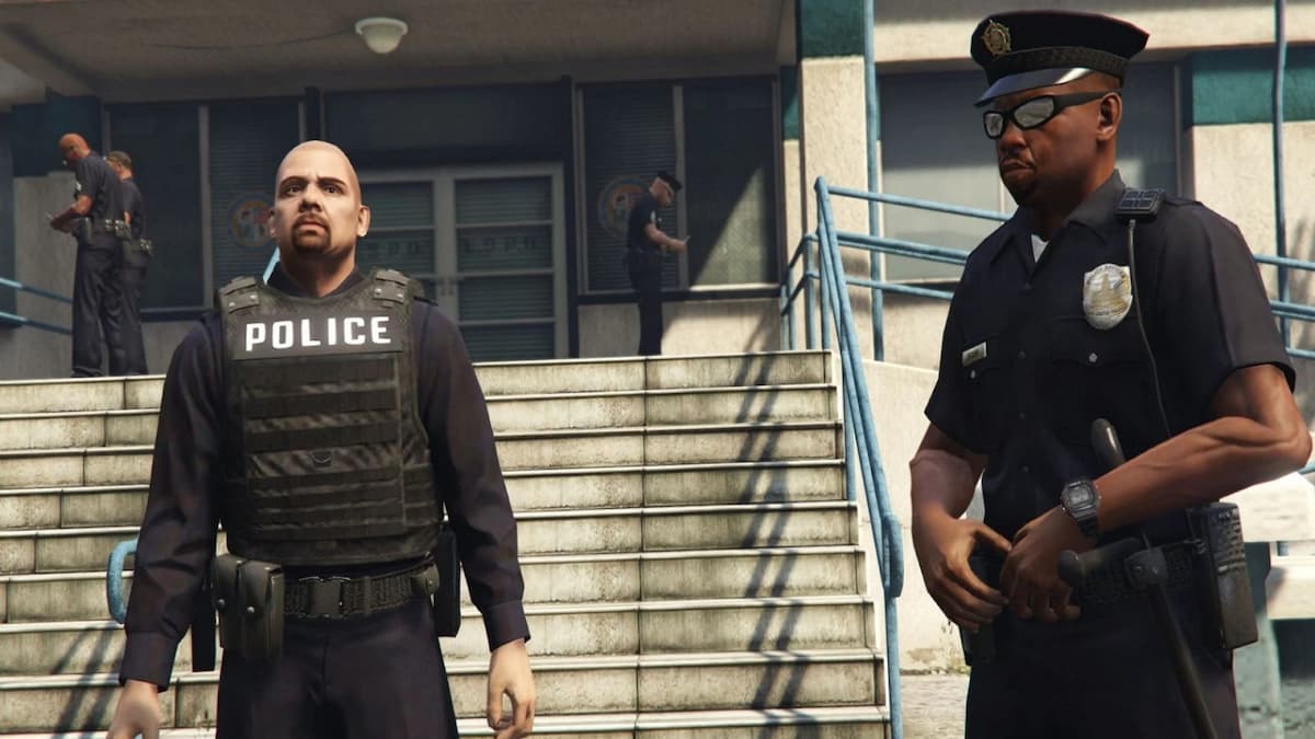 Two Police officers, one Caucasian and one African-American, in GTA Online.