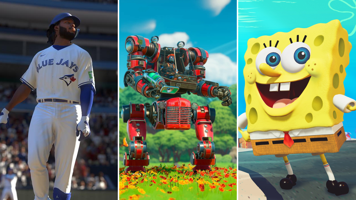 An edited image showing MLB The Show 24, Lightyear Frontier, and Spongebob Squarepants.