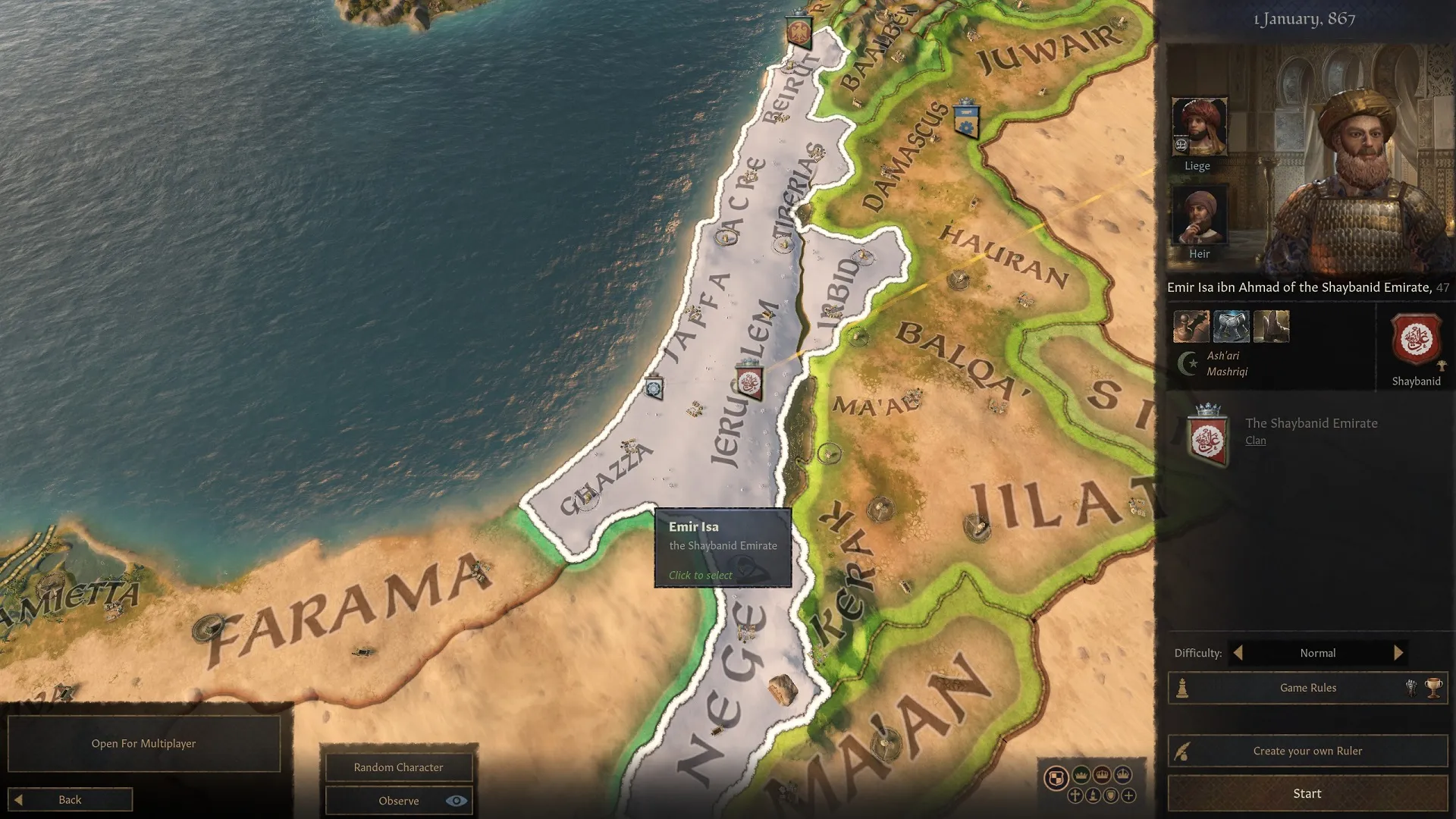 An image of the Ghazza start in Crusader Kings 3.