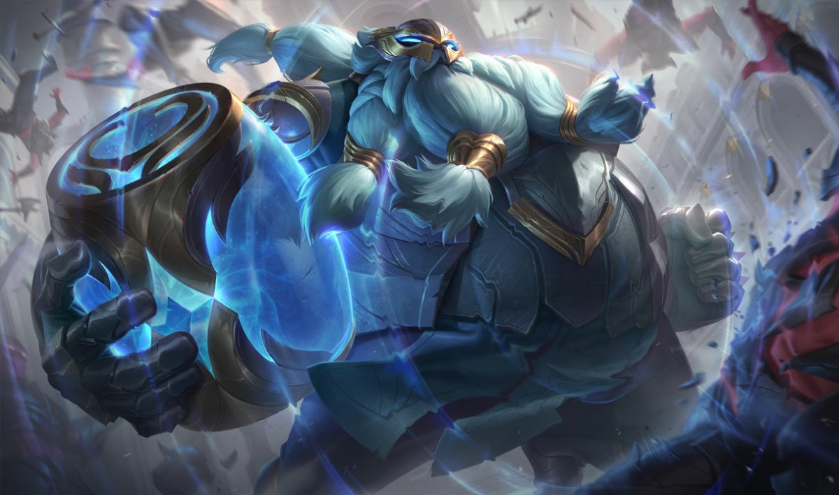 Gragas charging forward with his belly, while holding the barrel in his right hand.