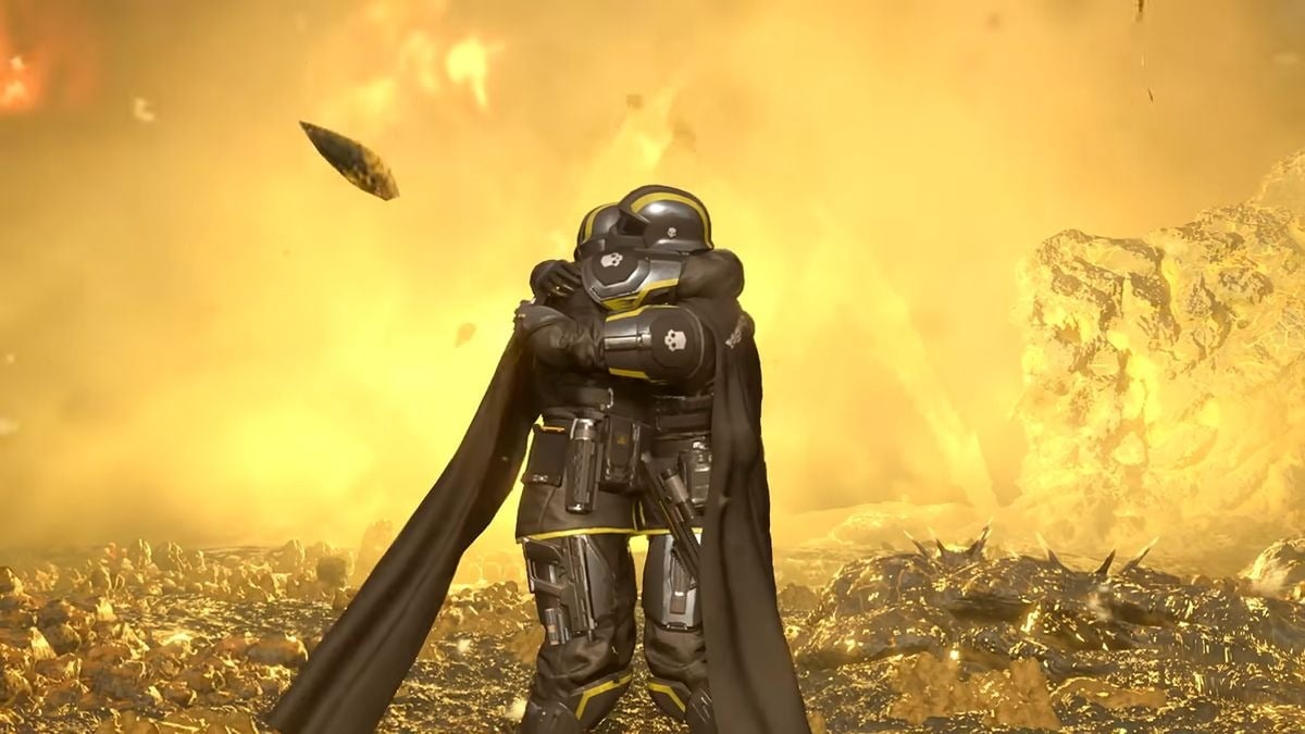Helldivers 2 characters hugging on the battlefield