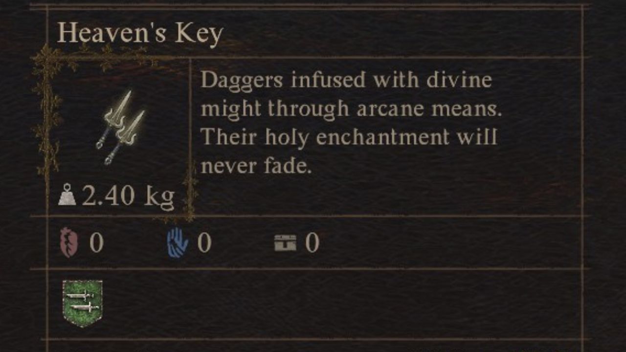 The Heaven's Key dagger description in the game.