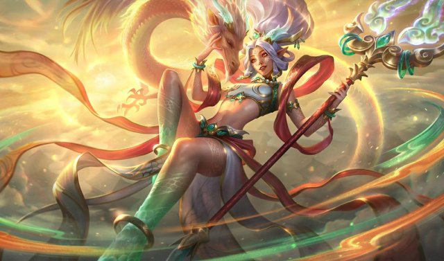 The splash art for Heavenscale Janna, depicting the champion with jade features, dragon scales, and a dragon around her.
