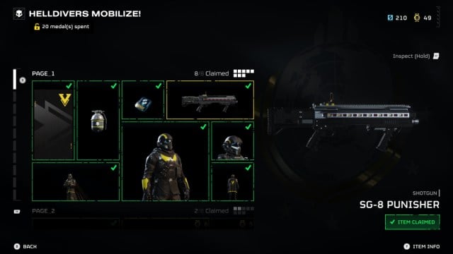 A screenshot of the Warbonds in Helldivers 2 showing the SG-8 Shotgun.