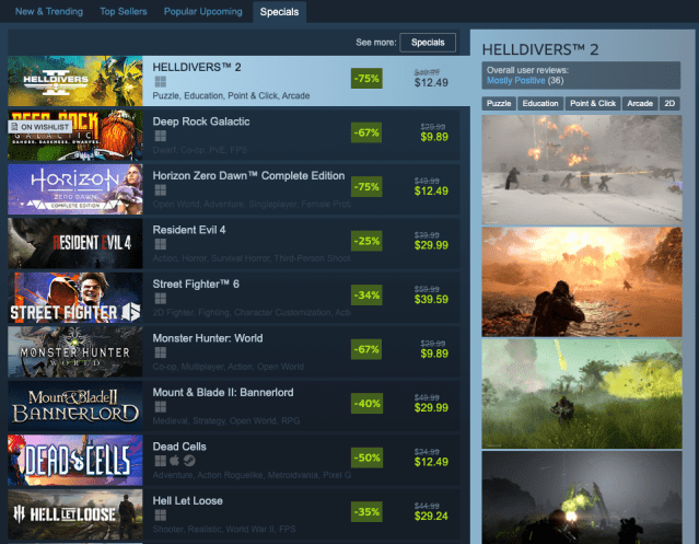 A look at the Helldivers 2 scam at the top of the Specials page.